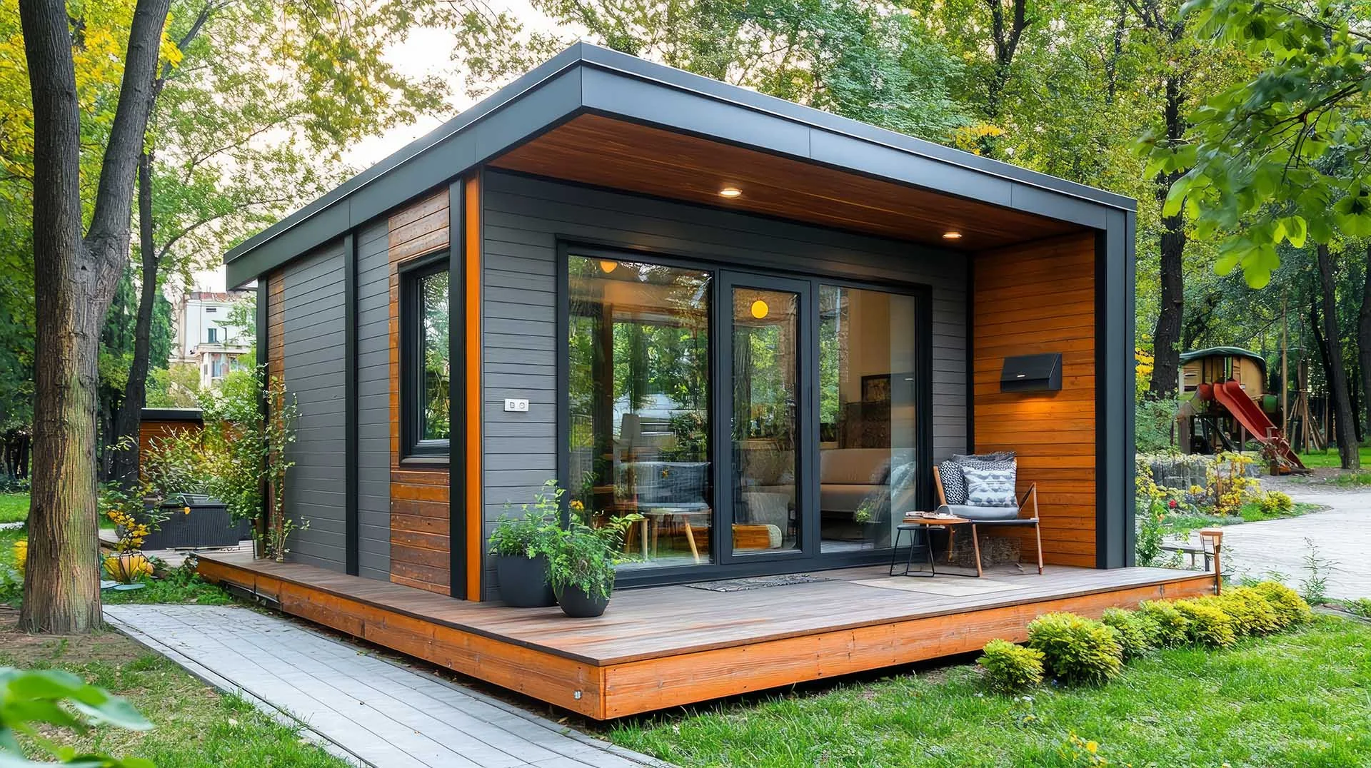 Modern prefabricated backyard ADU with glass doors and a small wooden deck.